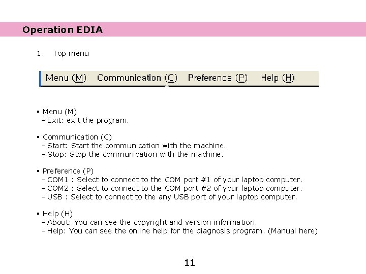 Operation EDIA 1. Top menu § Menu (M) - Exit: exit the program. §