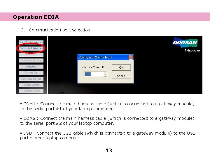 Operation EDIA 3. Communication port selection § COM 1 : Connect the main harness