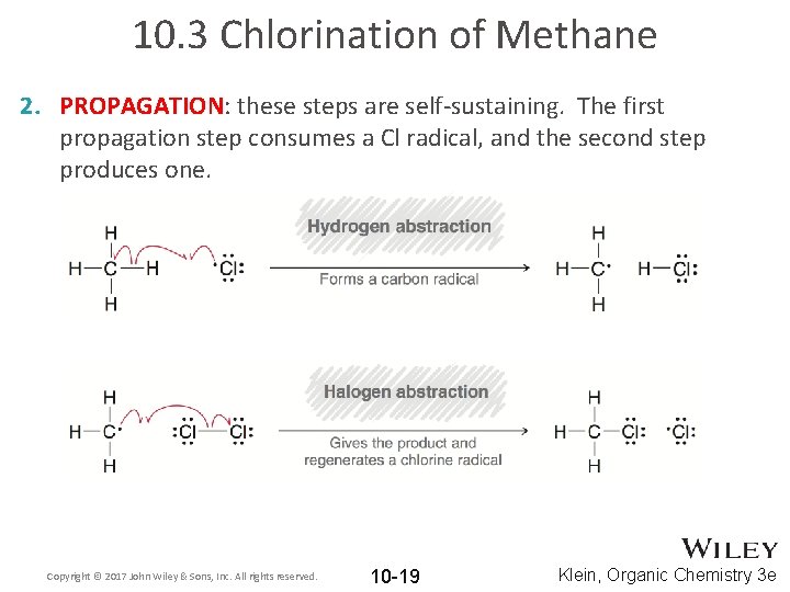 10. 3 Chlorination of Methane 2. PROPAGATION: these steps are self-sustaining. The first propagation