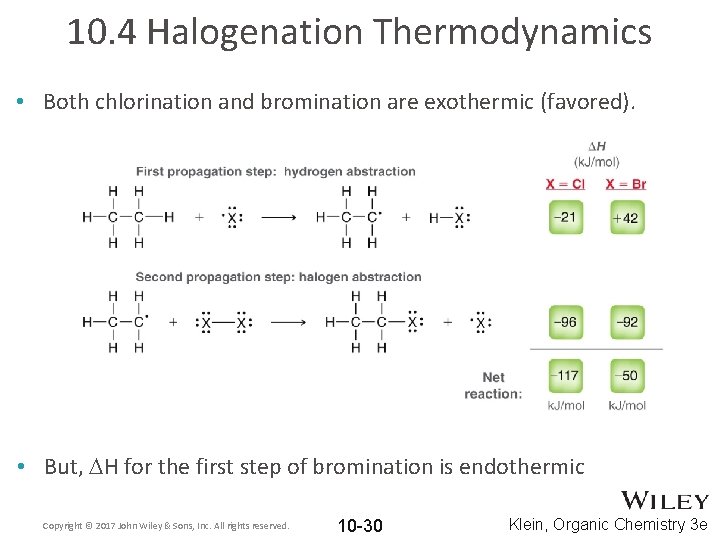 10. 4 Halogenation Thermodynamics • Both chlorination and bromination are exothermic (favored). • But,