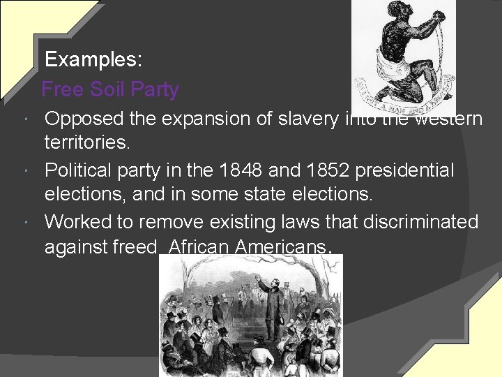 Examples: Free Soil Party Opposed the expansion of slavery into the western territories. Political
