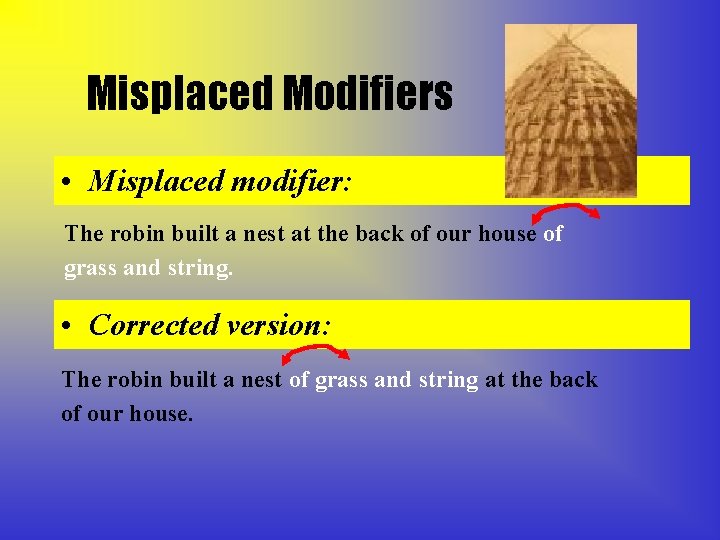 Misplaced Modifiers • Misplaced modifier: The robin built a nest at the back of