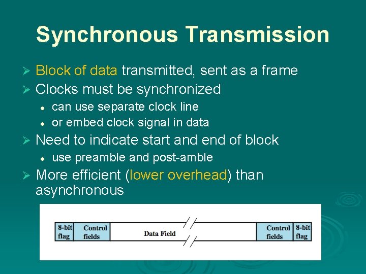 Synchronous Transmission Block of data transmitted, sent as a frame Ø Clocks must be