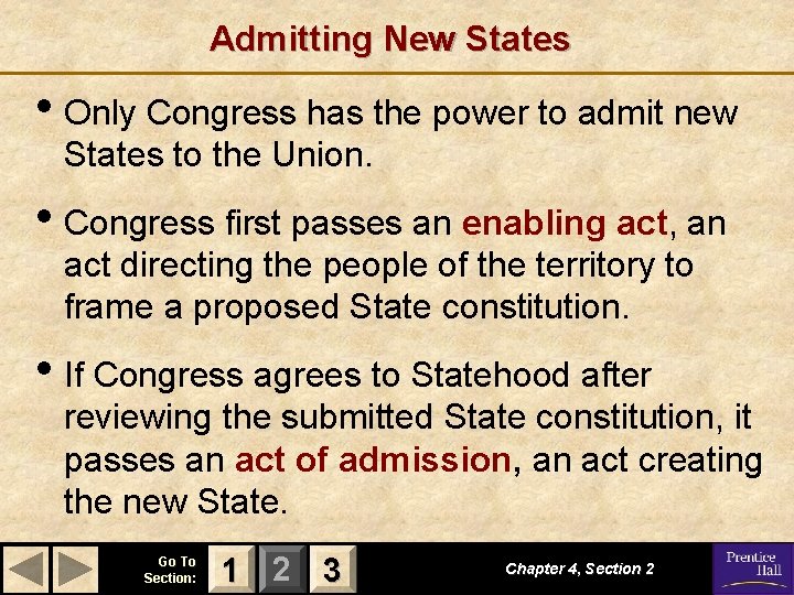 Admitting New States • Only Congress has the power to admit new States to