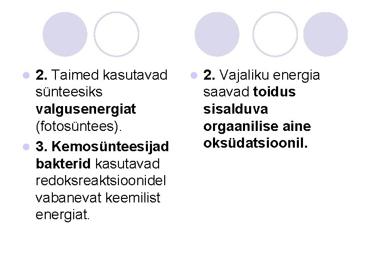 2. Taimed kasutavad sünteesiks valgusenergiat (fotosüntees). l 3. Kemosünteesijad bakterid kasutavad redoksreaktsioonidel vabanevat keemilist 2. Taimed kasutavad sünteesiks valgusenergiat (fotosüntees). l 3. Kemosünteesijad bakterid kasutavad redoksreaktsioonidel vabanevat keemilist