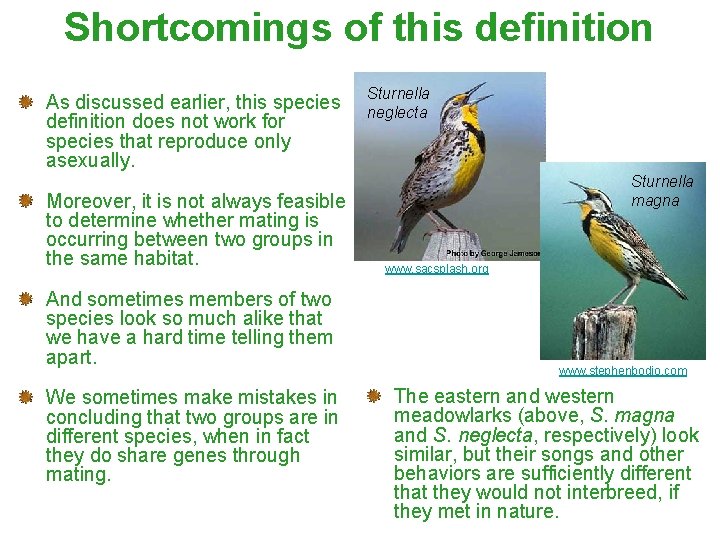 Shortcomings of this definition As discussed earlier, this species definition does not work for