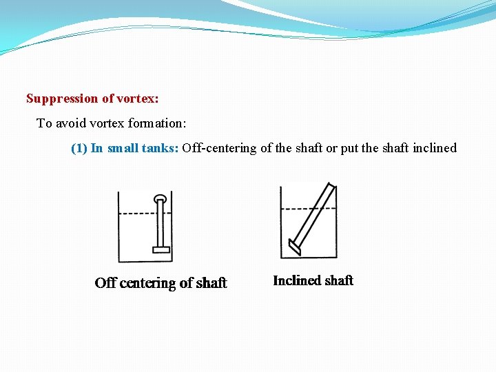 Suppression of vortex: To avoid vortex formation: (1) In small tanks: Off centering of Suppression of vortex: To avoid vortex formation: (1) In small tanks: Off centering of