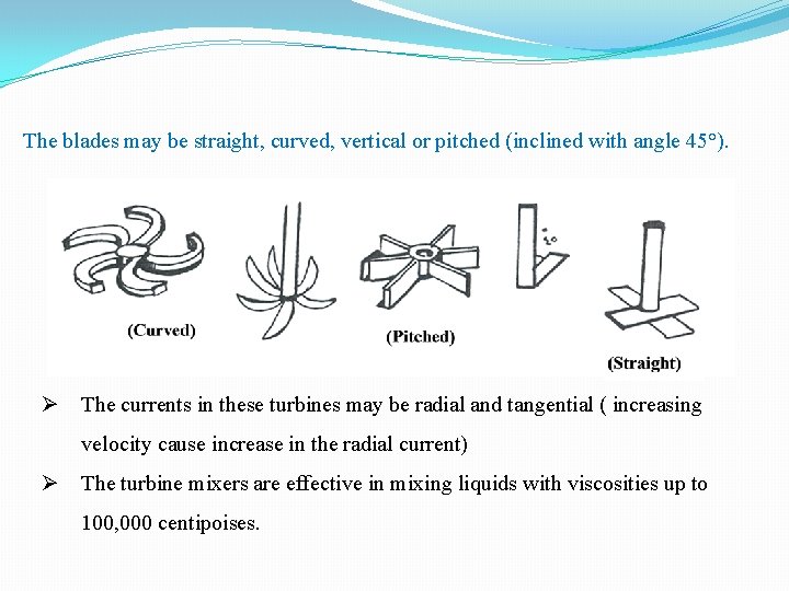  The blades may be straight, curved, vertical or pitched (inclined with angle 45°).