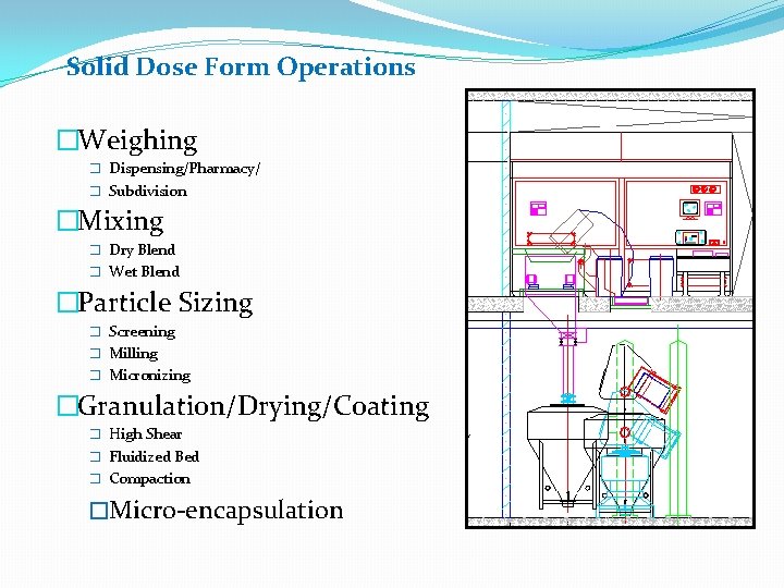 Solid Dose Form Operations �Weighing � Dispensing/Pharmacy/ � Subdivision �Mixing � Dry Blend �