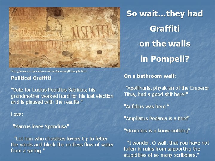 So wait…they had Graffiti on the walls in Pompeii? http: //www. cs. iupui. edu/~vkilmer/pompeii/03