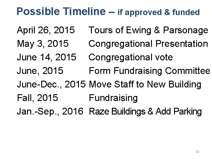 Possible Timeline – if approved & funded April 26, 2015 May 3, 2015 June