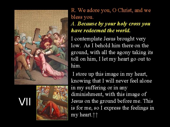 VII R. We adore you, O Christ, and we bless you. A. Because by