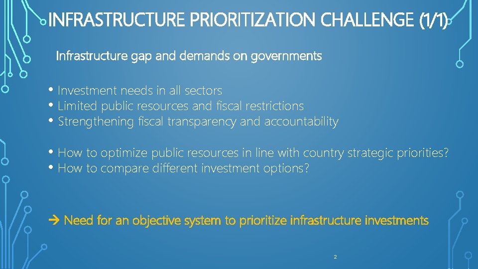 INFRASTRUCTURE PRIORITIZATION CHALLENGE (1/1) Infrastructure gap and demands on governments • Investment needs in