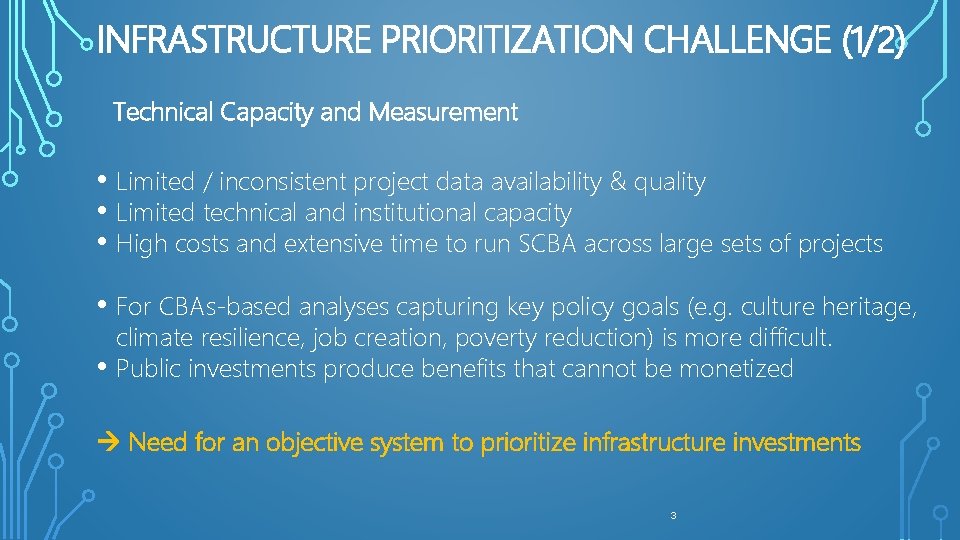 INFRASTRUCTURE PRIORITIZATION CHALLENGE (1/2) Technical Capacity and Measurement • Limited / inconsistent project data