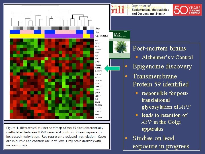 Bakulski et al, in press • Post-mortem brains § Alzheimer’s v Control • Epigenome