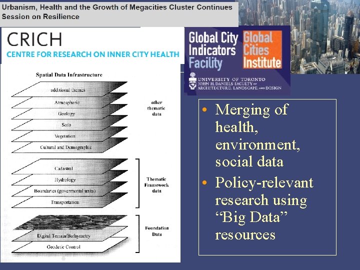  • Merging of health, environment, social data • Policy-relevant research using “Big Data”