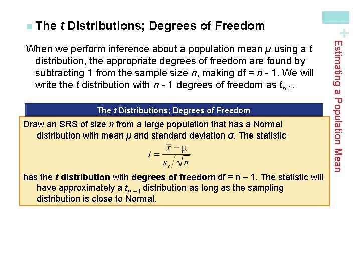 t Distributions; Degrees of Freedom The t Distributions; Degrees of Freedom Draw an SRS