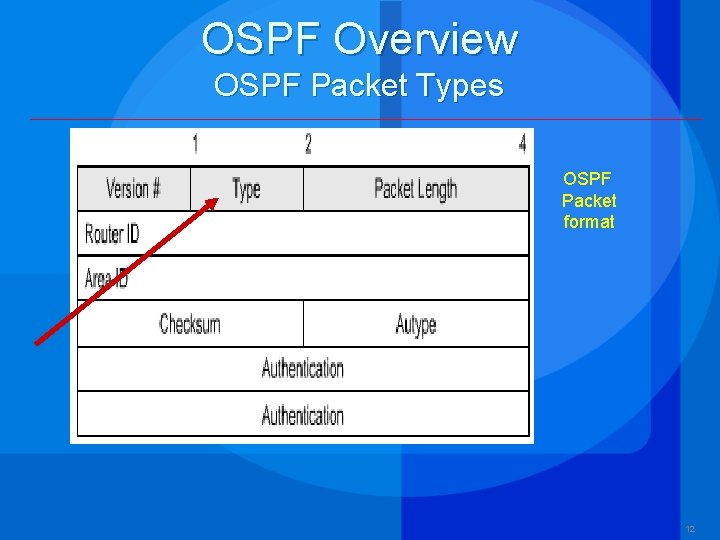 OSPF Overview OSPF Packet Types OSPF Packet format 12 