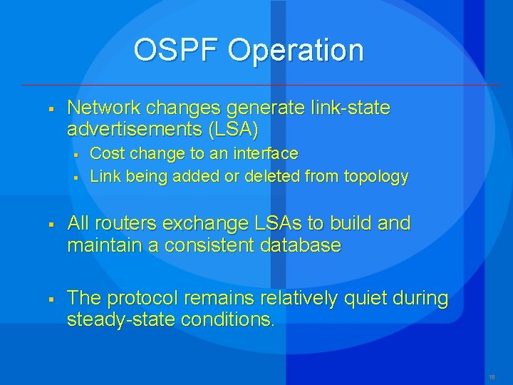 OSPF Operation § Network changes generate link-state advertisements (LSA) § § Cost change to