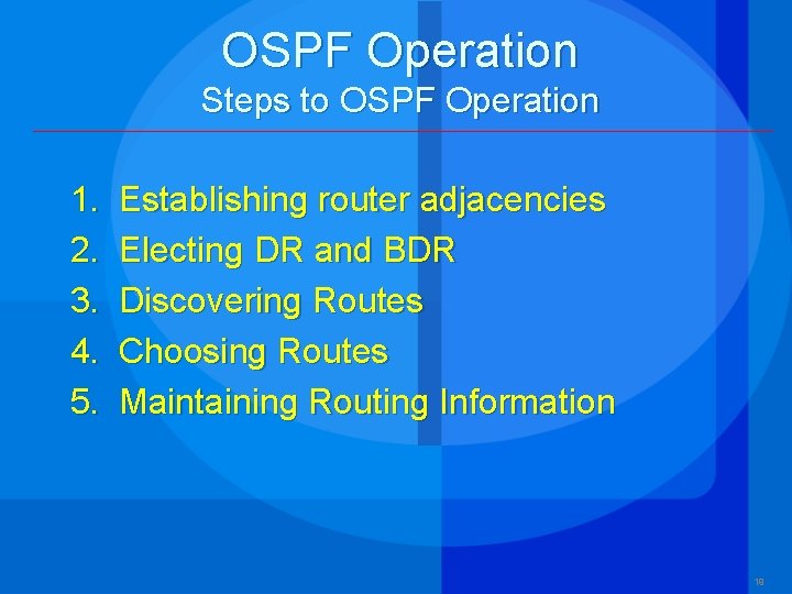 OSPF Operation Steps to OSPF Operation 1. 2. 3. 4. 5. Establishing router adjacencies