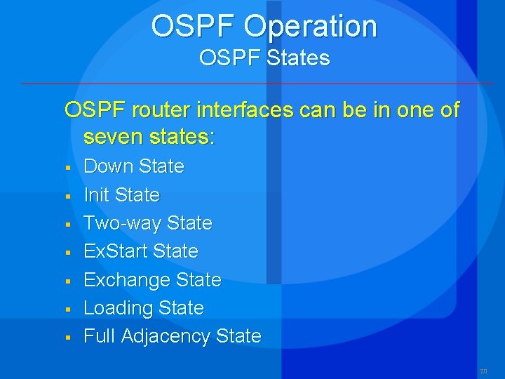 OSPF Operation OSPF States OSPF router interfaces can be in one of seven states: