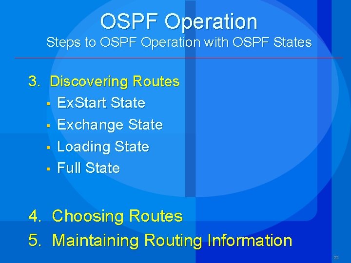 OSPF Operation Steps to OSPF Operation with OSPF States 3. Discovering Routes § Ex.