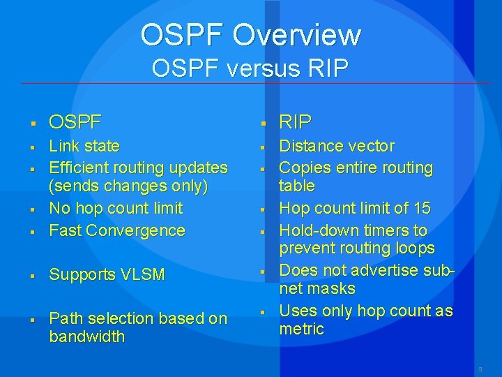 OSPF Overview OSPF versus RIP § OSPF § § § Link state Efficient routing