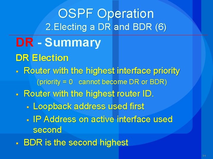OSPF Operation 2. Electing a DR and BDR (6) DR - Summary DR Election
