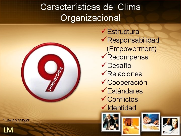 Características del Clima Organizacional DIM EN SIO NE S üEstructura üResponsabilidad * Litwin y