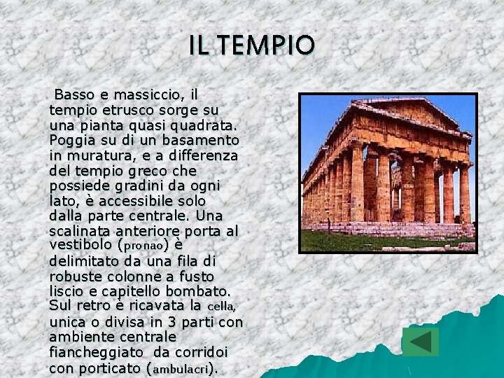 IL TEMPIO Basso e massiccio, il tempio etrusco sorge su una pianta quasi quadrata. IL TEMPIO Basso e massiccio, il tempio etrusco sorge su una pianta quasi quadrata.