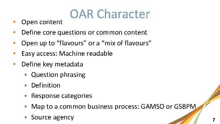  • • • OAR Character Open content Define core questions or common content