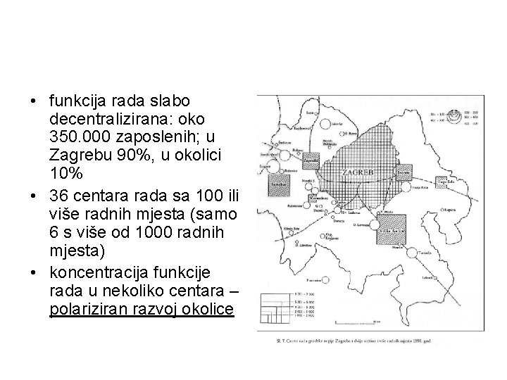  • funkcija rada slabo decentralizirana: oko 350. 000 zaposlenih; u Zagrebu 90%, u
