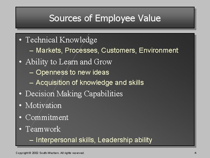 Sources of Employee Value • Technical Knowledge – Markets, Processes, Customers, Environment • Ability Sources of Employee Value • Technical Knowledge – Markets, Processes, Customers, Environment • Ability