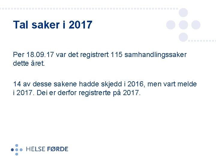 Tal saker i 2017 Per 18. 09. 17 var det registrert 115 samhandlingssaker dette