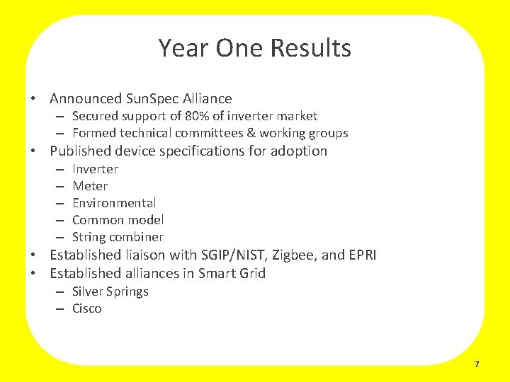 Year One Results • Announced Sun. Spec Alliance – Secured support of 80% of