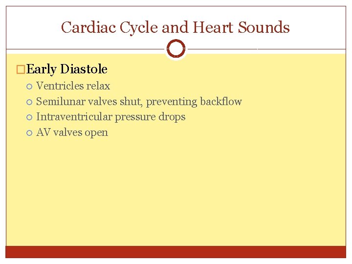 Cardiac Cycle and Heart Sounds �Early Diastole Ventricles relax Semilunar valves shut, preventing backflow