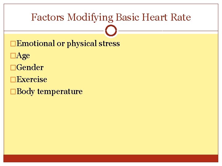 Factors Modifying Basic Heart Rate �Emotional or physical stress �Age �Gender �Exercise �Body temperature