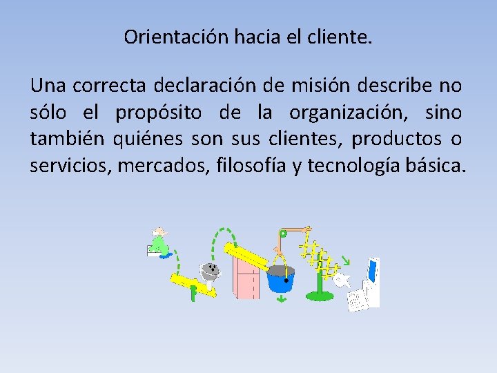 Orientación hacia el cliente. Una correcta declaración de misión describe no sólo el propósito Orientación hacia el cliente. Una correcta declaración de misión describe no sólo el propósito