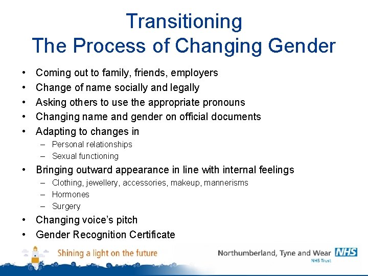 Transitioning The Process of Changing Gender • • • Coming out to family, friends,