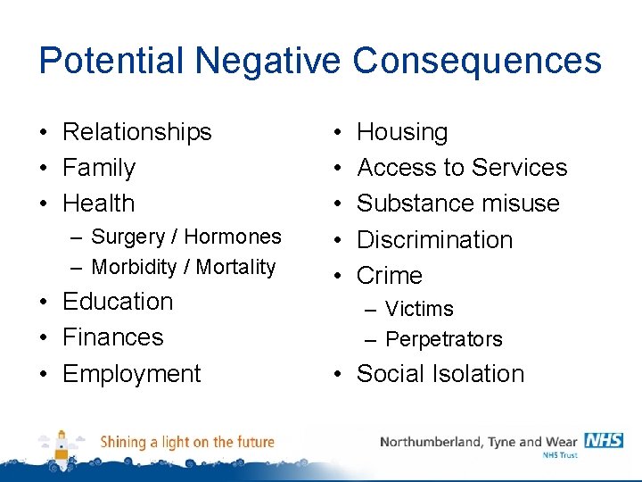 Potential Negative Consequences • Relationships • Family • Health – Surgery / Hormones –