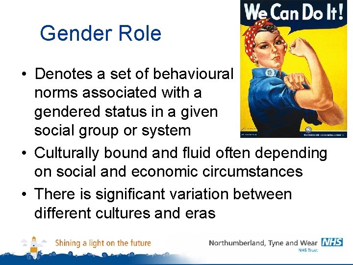 Gender Role • Denotes a set of behavioural norms associated with a gendered status