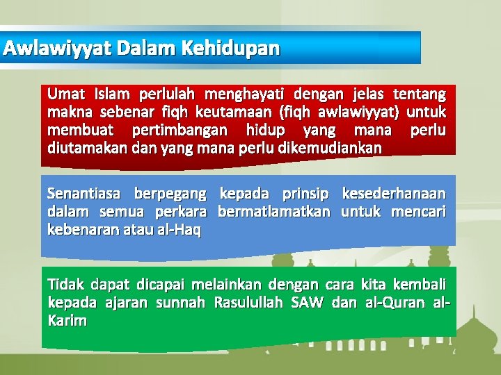 Awlawiyyat Dalam Kehidupan Umat Islam perlulah menghayati dengan jelas tentang makna sebenar fiqh keutamaan