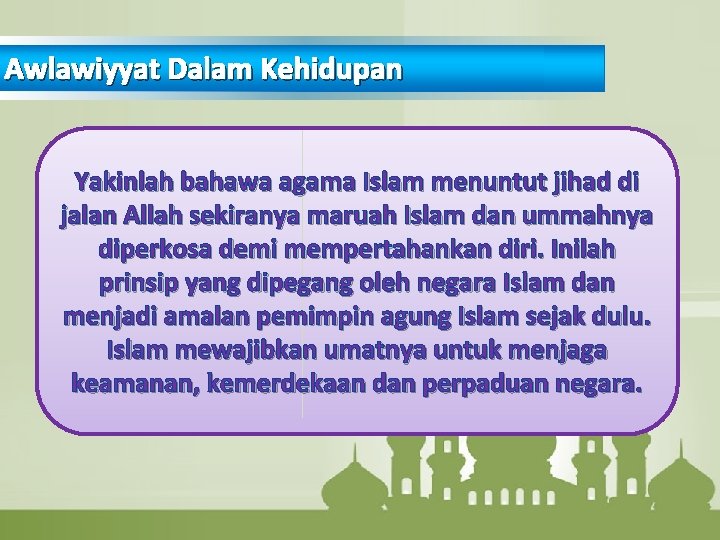 Awlawiyyat Dalam Kehidupan Yakinlah bahawa agama Islam menuntut jihad di jalan Allah sekiranya maruah