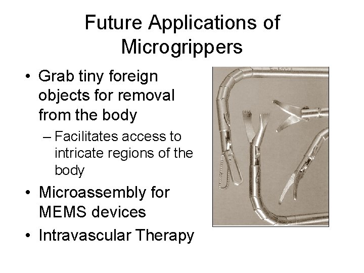 Future Applications of Microgrippers • Grab tiny foreign objects for removal from the body