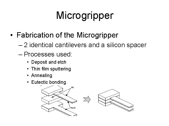 Microgripper • Fabrication of the Microgripper – 2 identical cantilevers and a silicon spacer