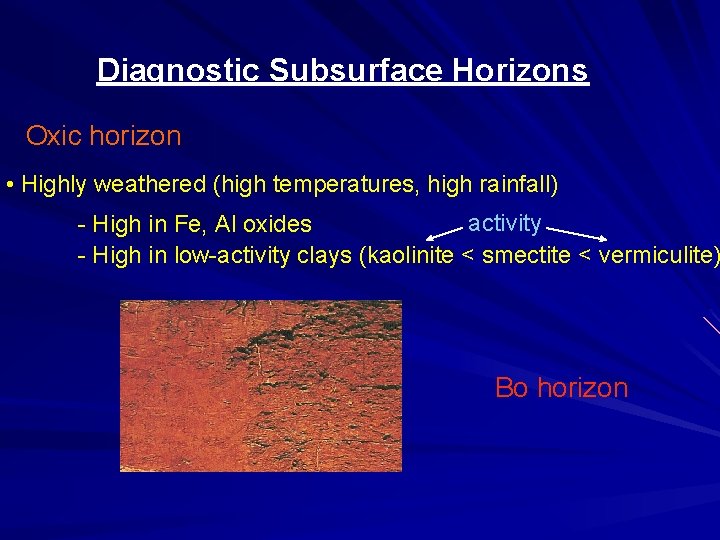 Diagnostic Subsurface Horizons Oxic horizon • Highly weathered (high temperatures, high rainfall) activity -