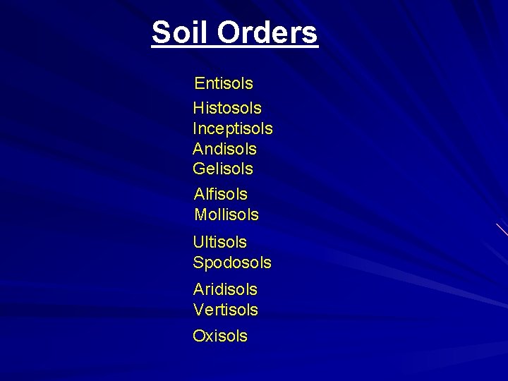 Soil Orders Entisols Histosols Inceptisols Andisols Gelisols Alfisols Mollisols Ultisols Spodosols Aridisols Vertisols Oxisols