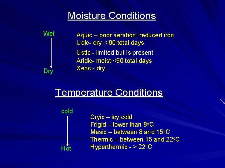 Moisture Conditions Wet Aquic – poor aeration, reduced iron Udic- dry < 90 total