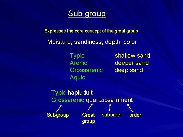 Sub group Expresses the core concept of the great group Moisture, sandiness, depth, color