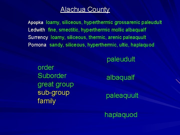 Alachua County Apopka loamy, siliceous, hyperthermic grossarenic paleudult Ledwith fine, smectitic, hyperthermic mollic albaqualf